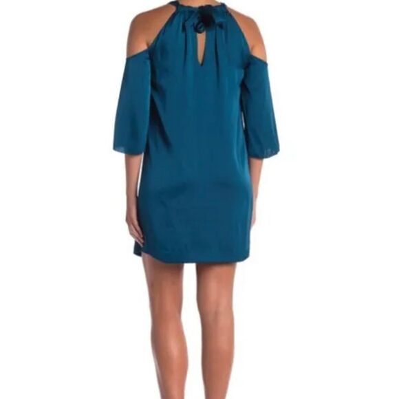 Trina Turk Spirit Silk Teal Blue Halter Cold Shoulder Mini Dress Size Small - Picture 2 of 9